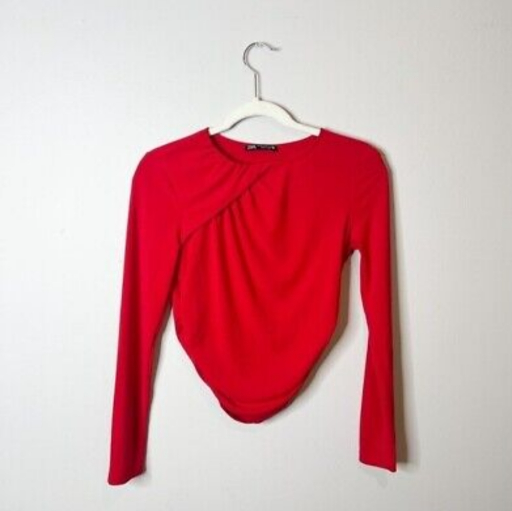 Zara red long sleeve top ruched S